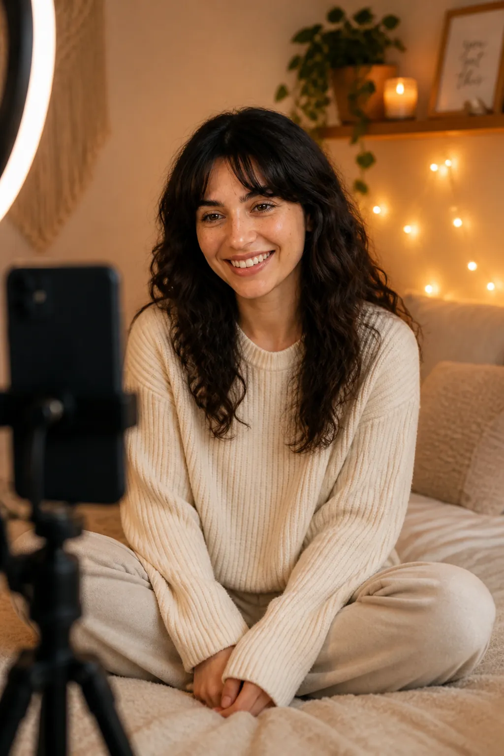 Creator recording a video in a warmly lit room